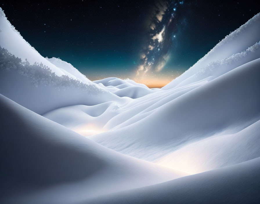 Snowy Landscape Under Night Sky with Stars and Soft Glow