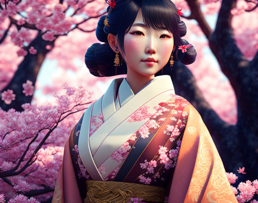 Traditional kimono woman illustration with cherry blossoms - serene and graceful.