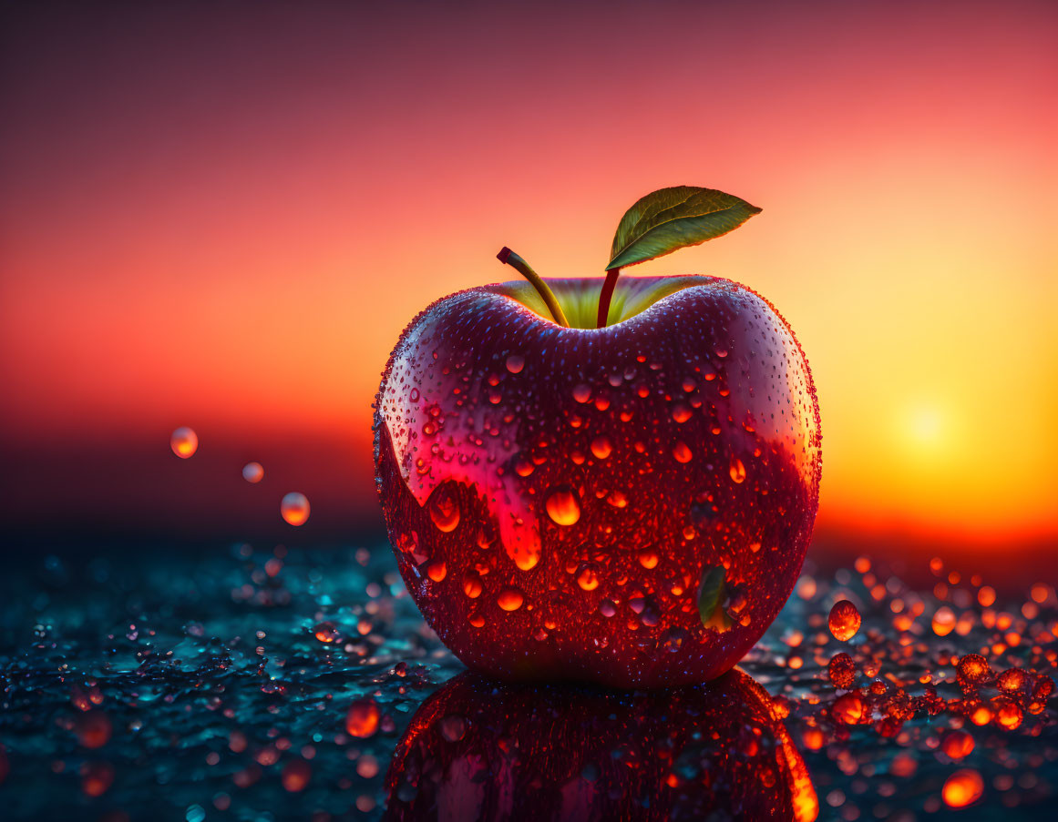 Red apple with dew against sunset backdrop.