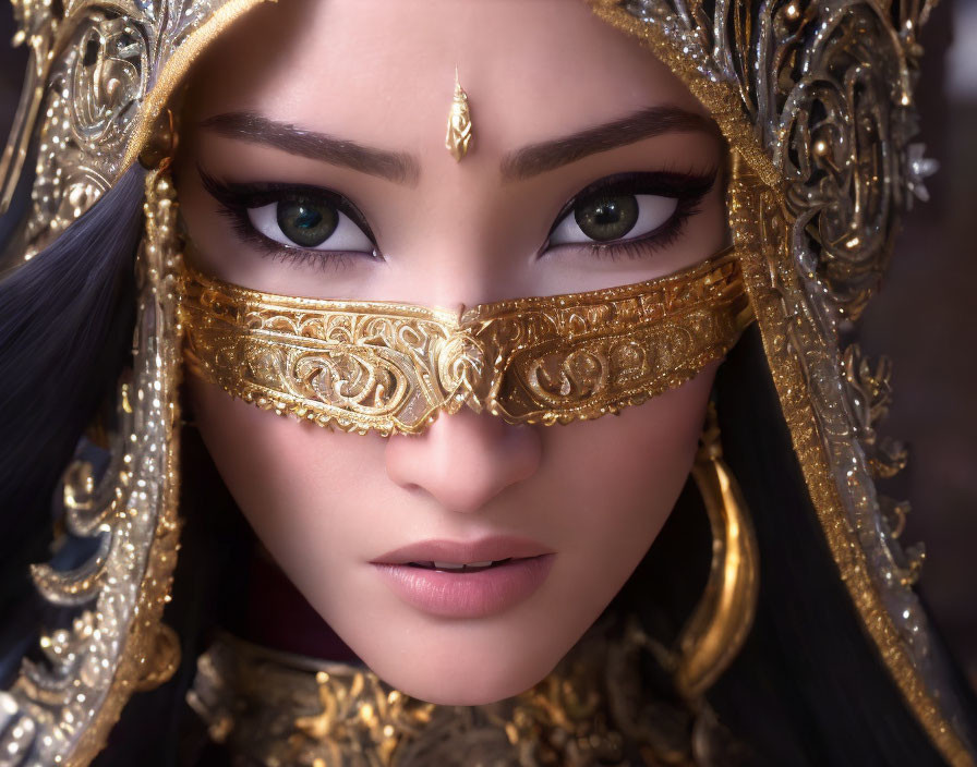 Detailed 3D Rendering of Woman with Striking Eyes in Ornate Golden Mask and Headdress