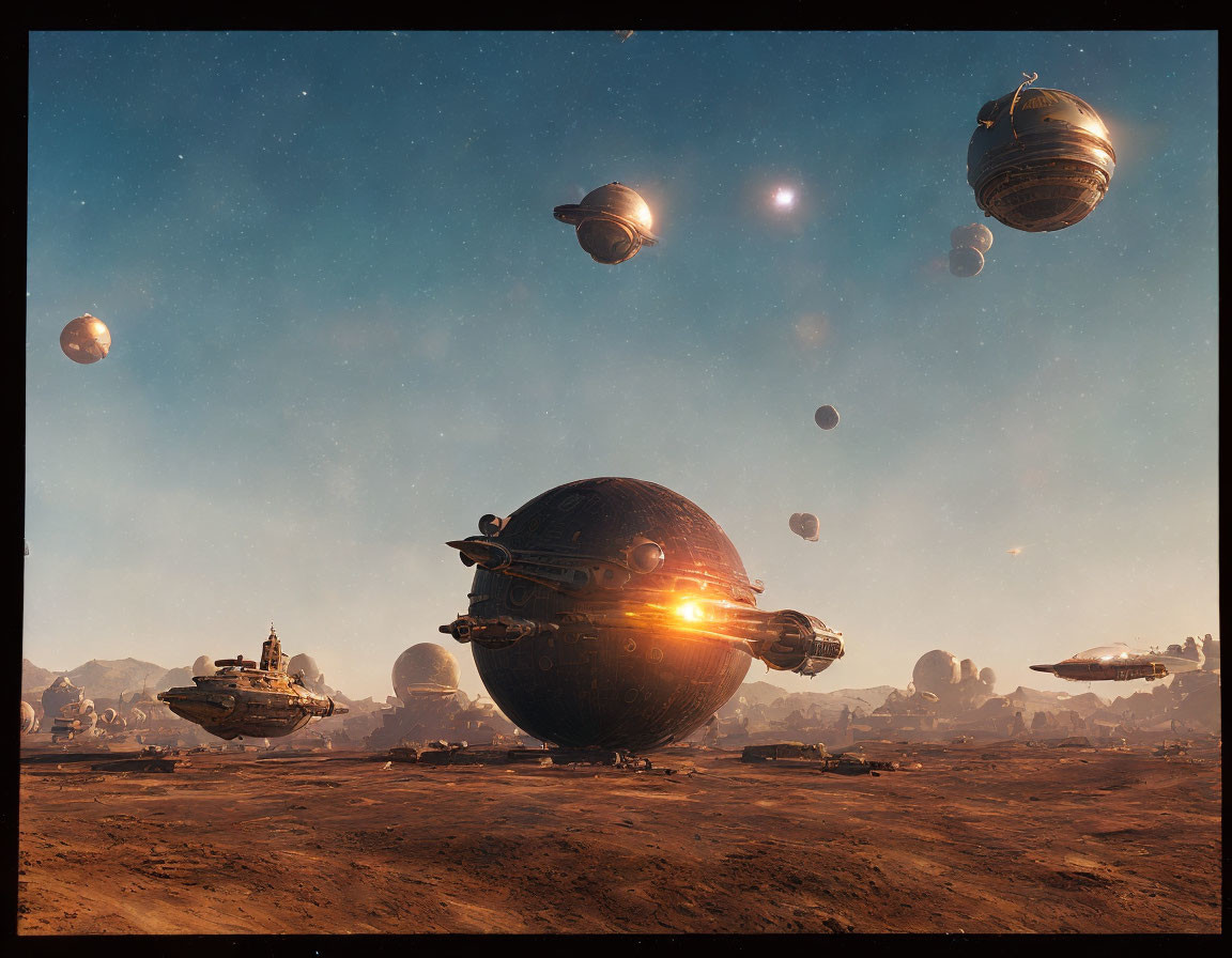 Sci-fi desert landscape with floating spherical spaceships and starry sky