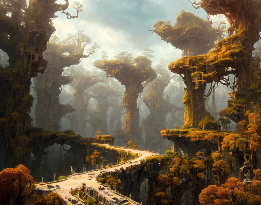 Moss-draped tree-like structures in fantasy landscape