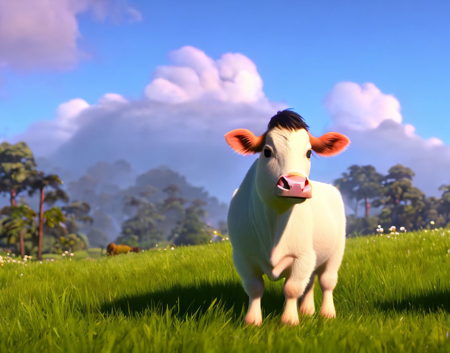 Animated calf in lush green field with trees and fluffy clouds