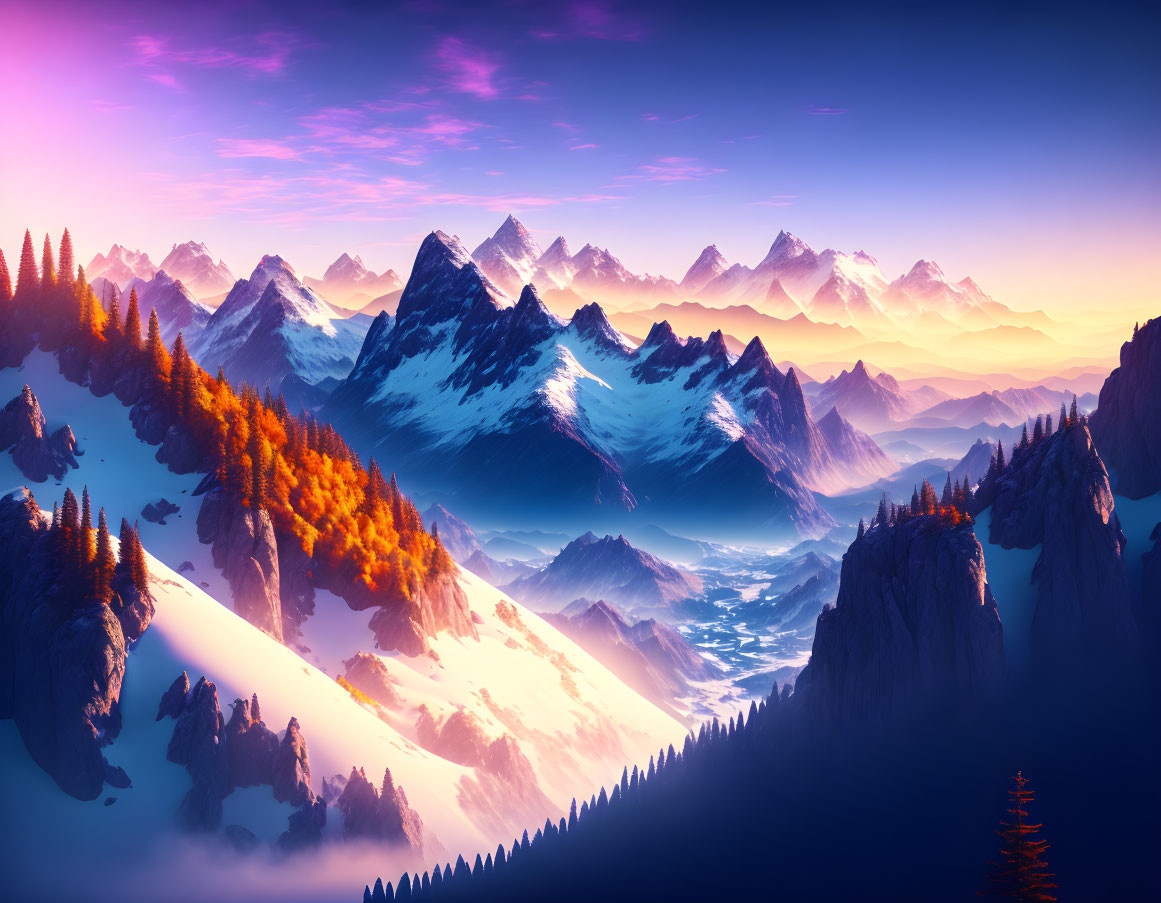 Snow-covered mountain landscape at sunrise with purple and orange hues, pine trees, and misty valley