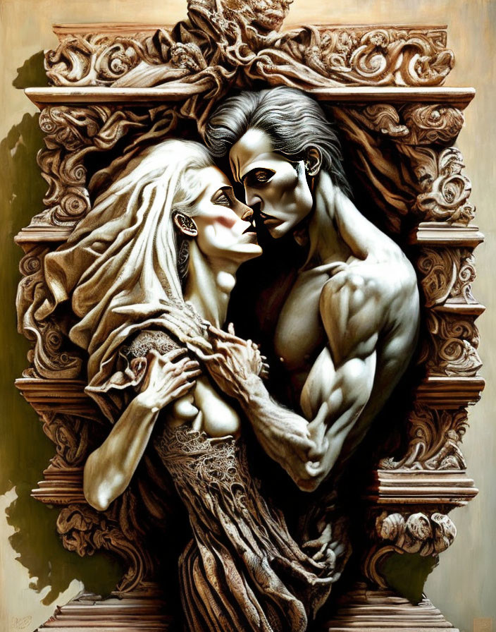 Romantic couple 3D artwork with exaggerated features embracing in baroque-style frame