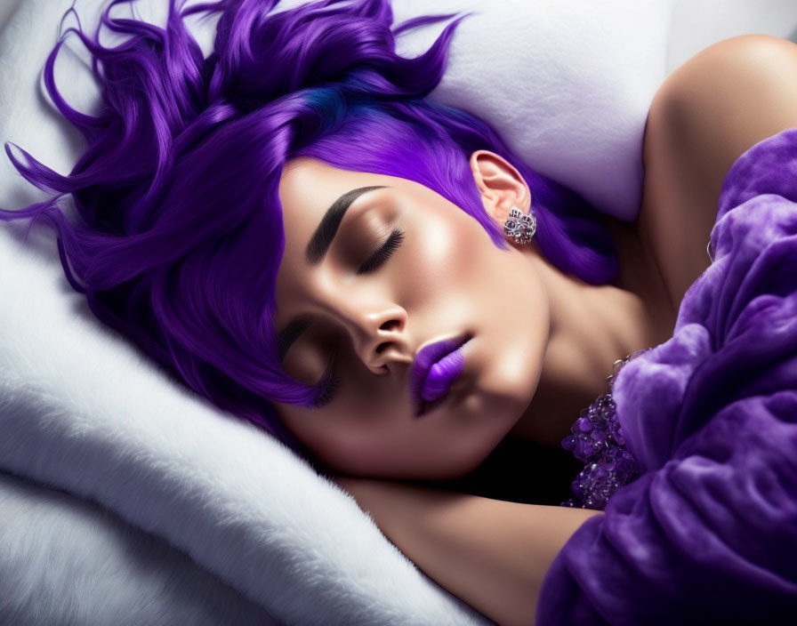 Woman with Purple Hair and Jewelry Resting on White Surface