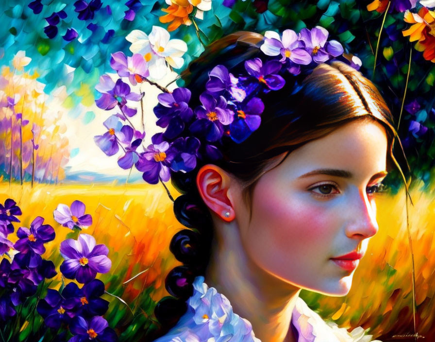 Woman with Floral Crown in Vibrant Field of Flowers under Warm Sunlight