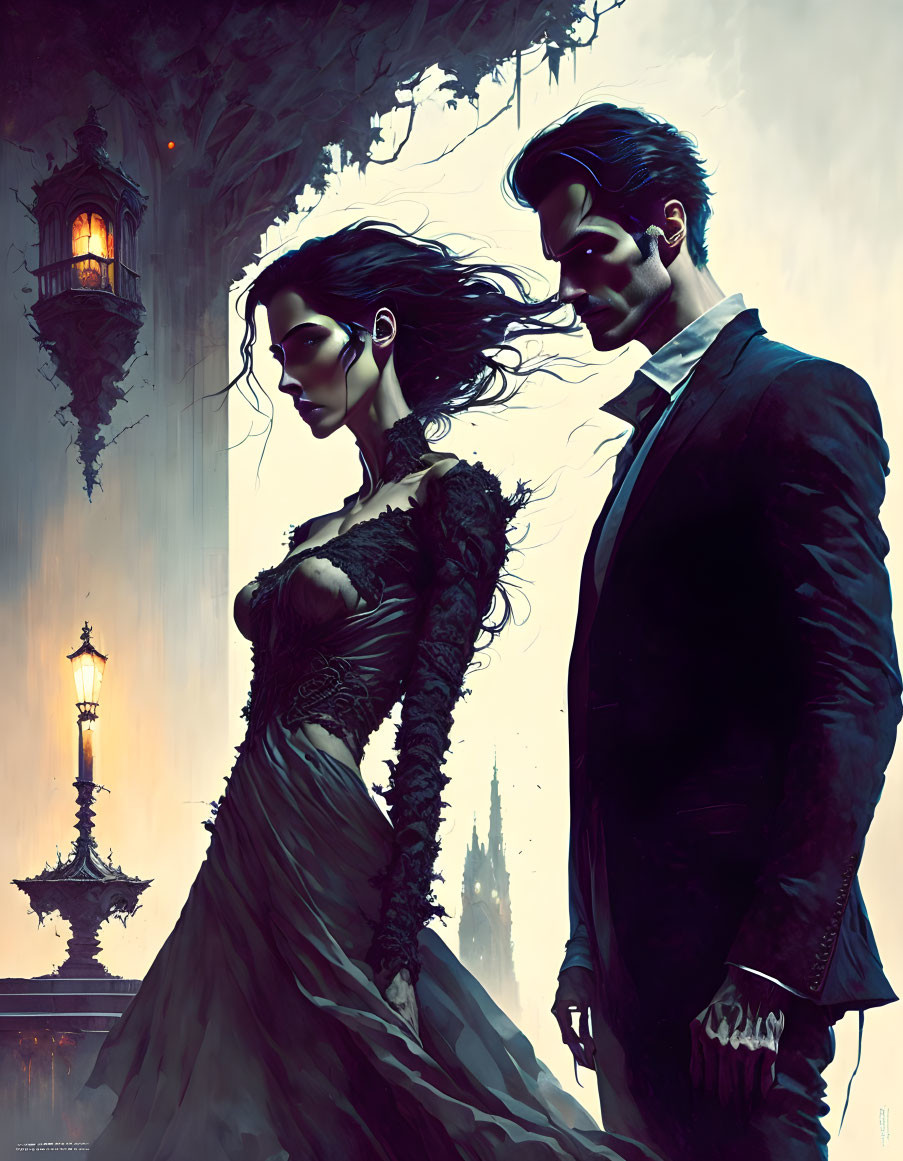 Gothic-style couple in black attire under street lamps with cathedral backdrop