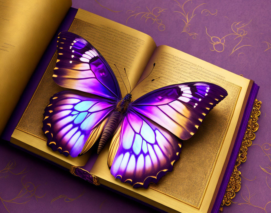 Colorful Butterfly Resting on Open Book with Gold-Edged Pages