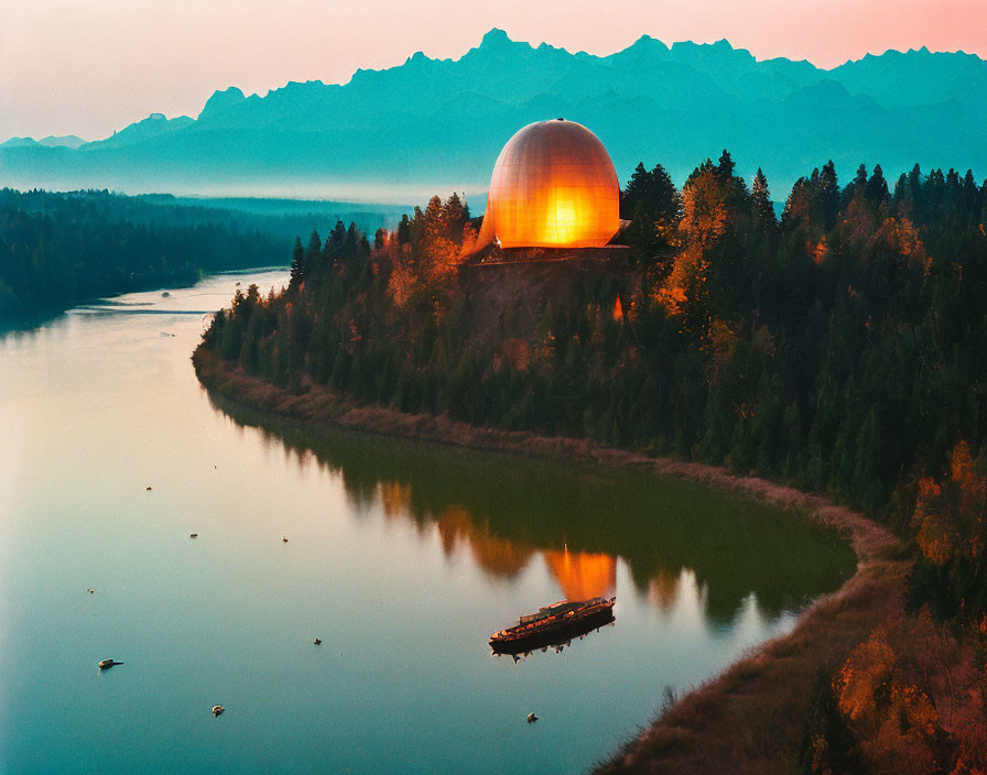 Golden spherical structure by river with forest and mountains at dusk