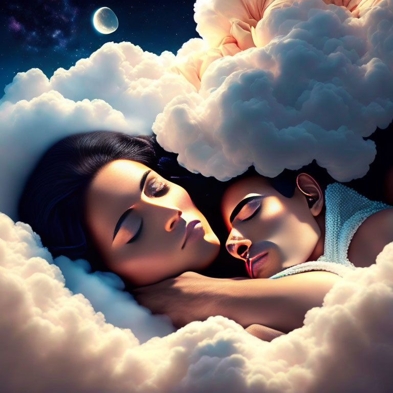 Peaceful Scene: Two People Sleeping on Cloud Bed Under Starry Night Sky