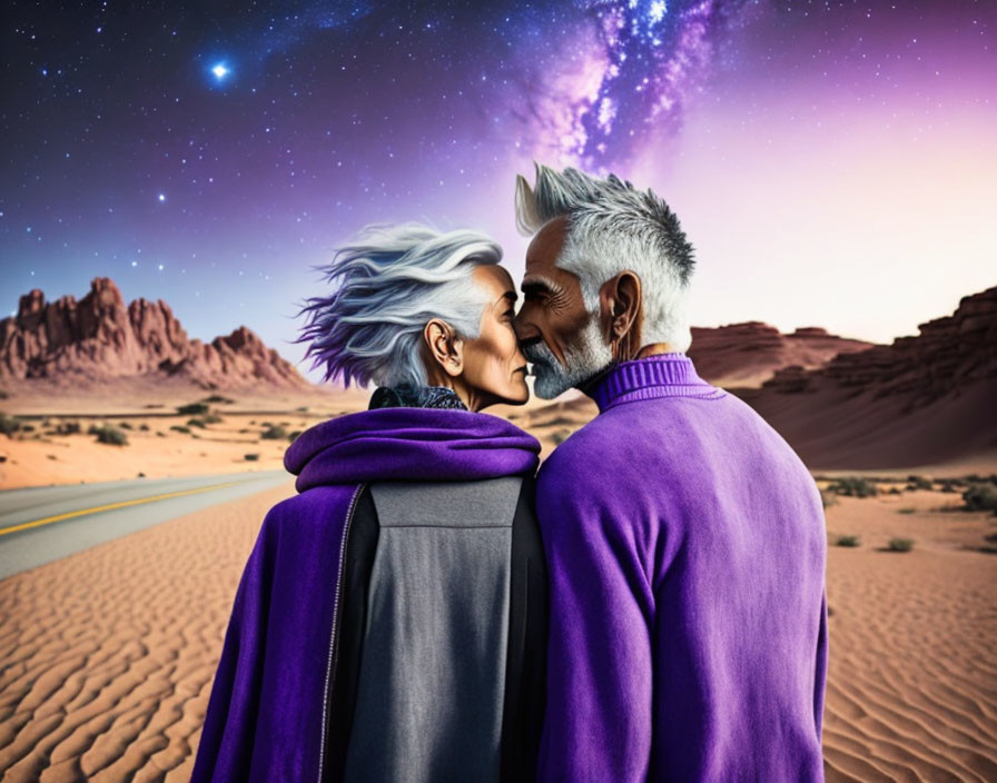 Elderly couple in purple attire sharing a tender moment under starry desert sky