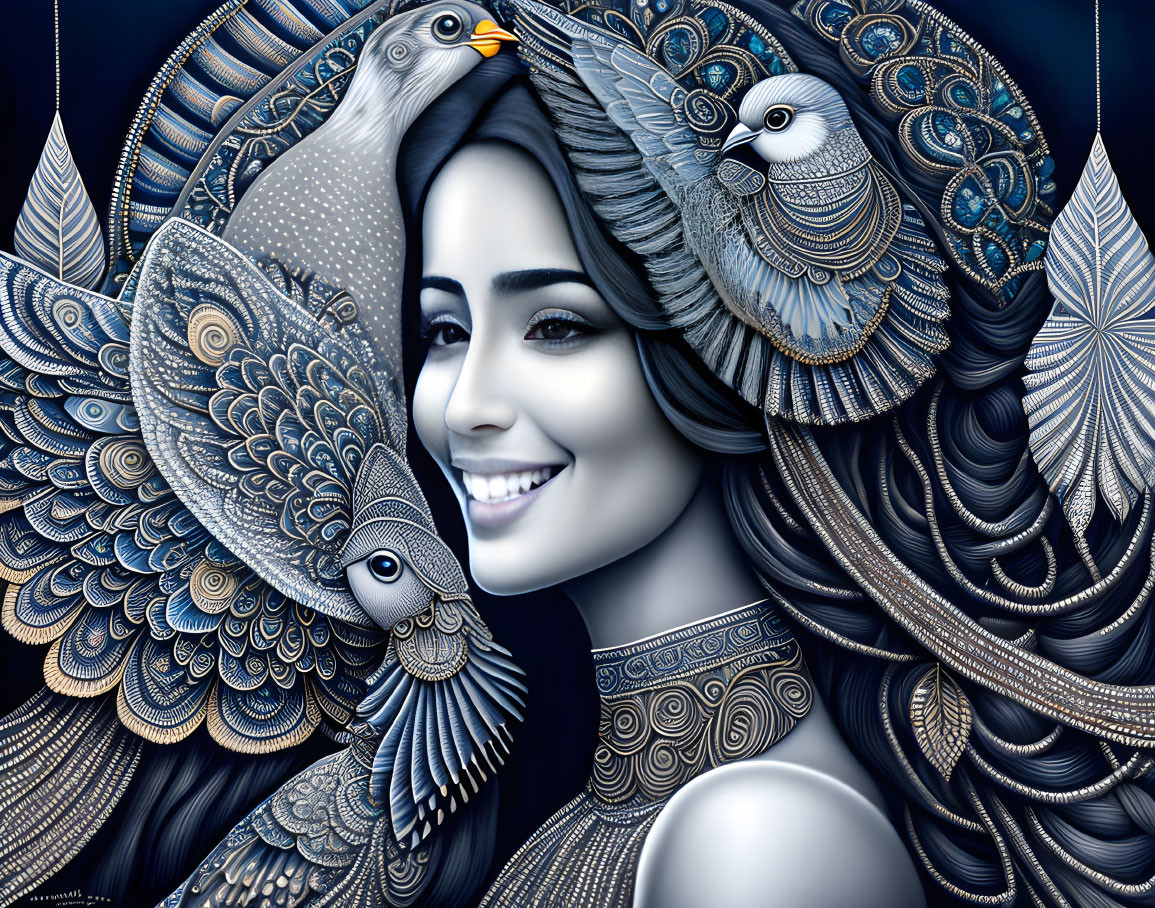 Joyful woman surrounded by intricate peacocks and feathers in monochrome palette