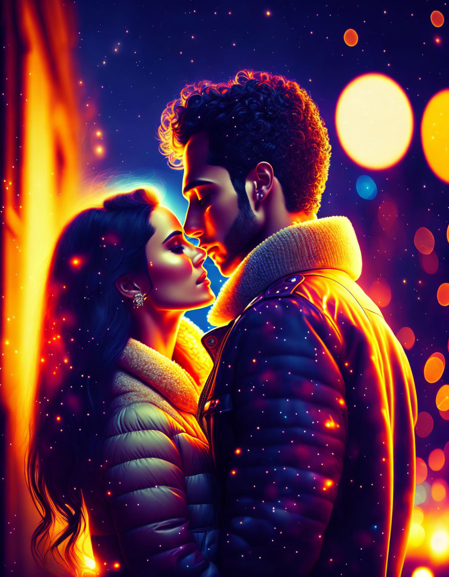 Couple Embracing Closely Under Vibrant Night Sky