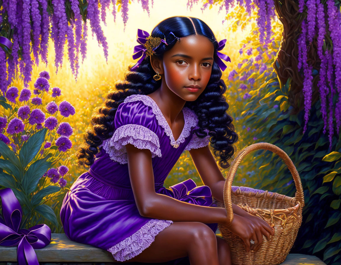 Young girl in purple dress surrounded by flowers in sunlit garden