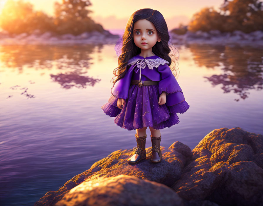 Doll with large eyes in purple dress and cape by water at sunset