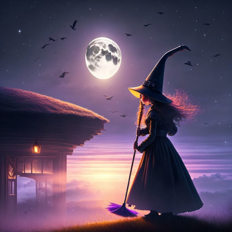 Silhouette of witch with broom by thatched-roof cottage under starry sky