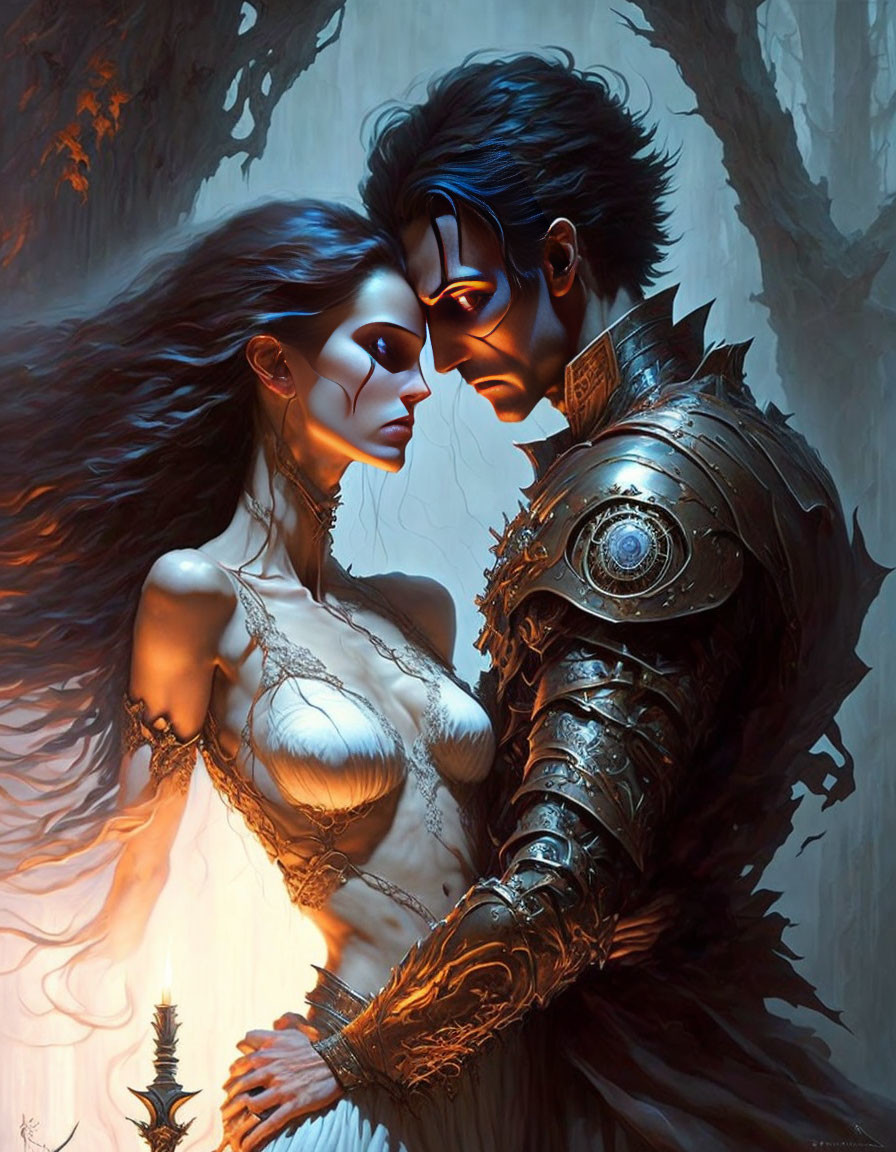 Warrior and woman in ornate armor and ethereal garments in mystical forest