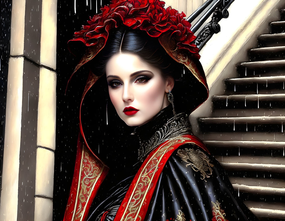 Striking makeup woman in red and black traditional outfit by snowy staircase