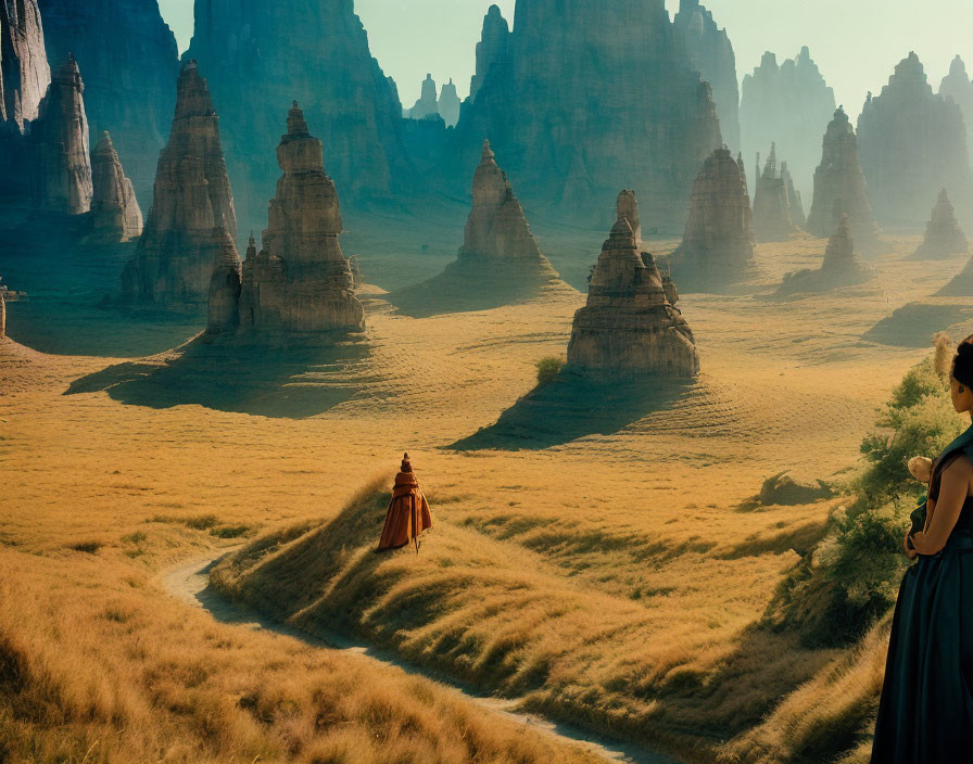 Red cloaked figure walking in dramatic landscape with rocky spires and golden sky.