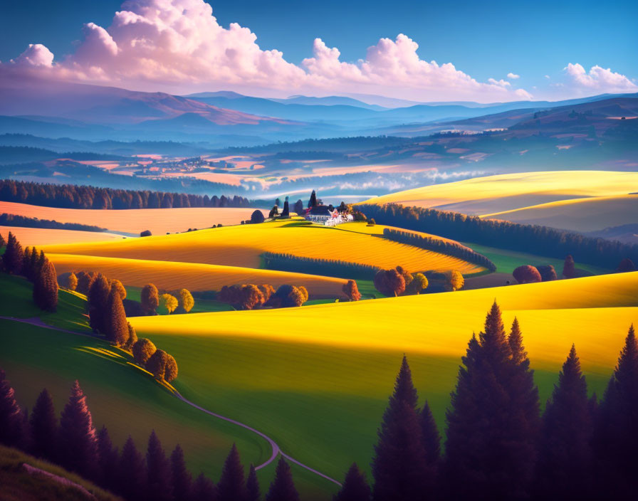 Scenic landscape with rolling hills, fields, trees, settlement, and misty mountains at sunset