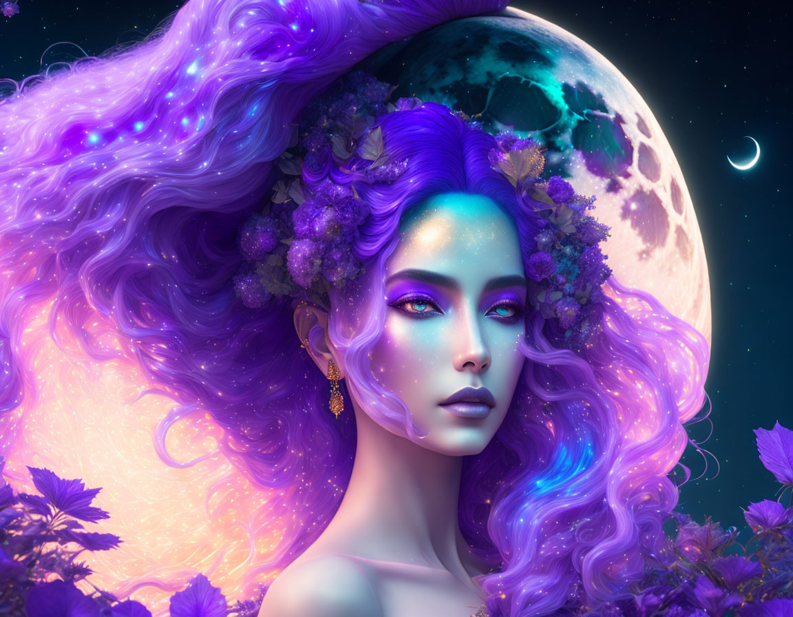 Surreal portrait of woman with purple flowing hair and floral adornments against cosmic background