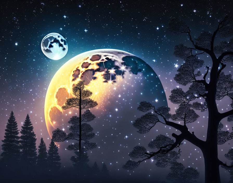 Surreal art: Glowing moon, tree silhouettes, starlit night sky