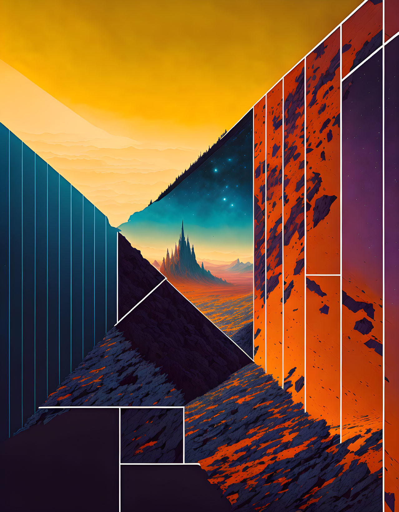 Colorful Triangular Landscape Art with Varied Times of Day