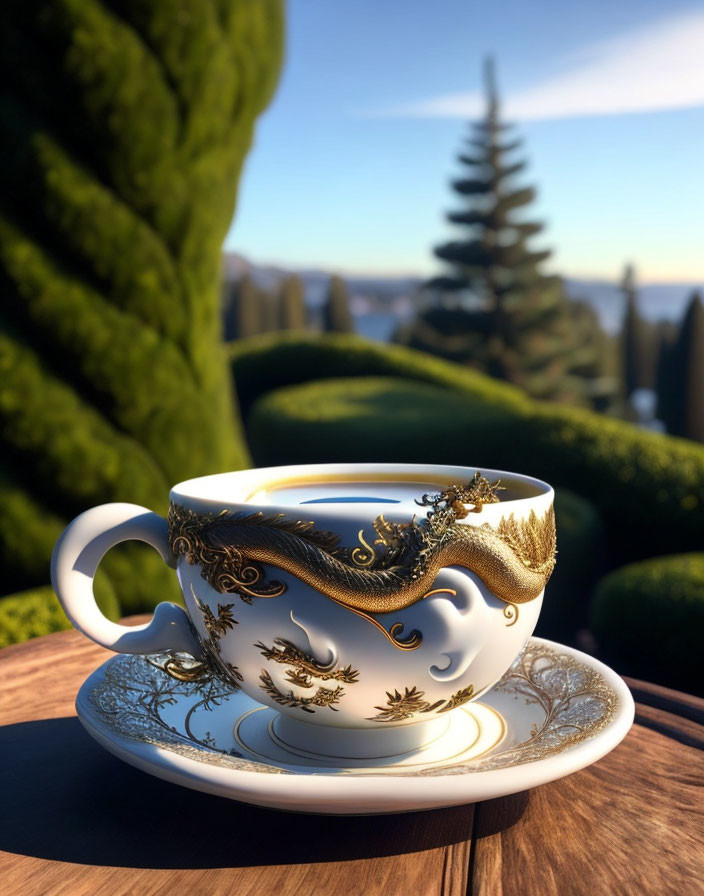 White and Gold Ornate Cup on Saucer with Green Background