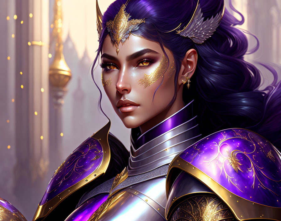 Regal woman with purple hair in ornate armor in palatial setting