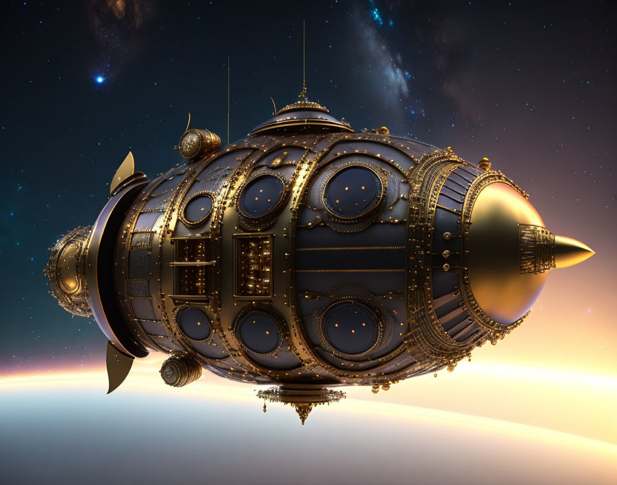 Steampunk-style airship with metallic details floating in space near a planet