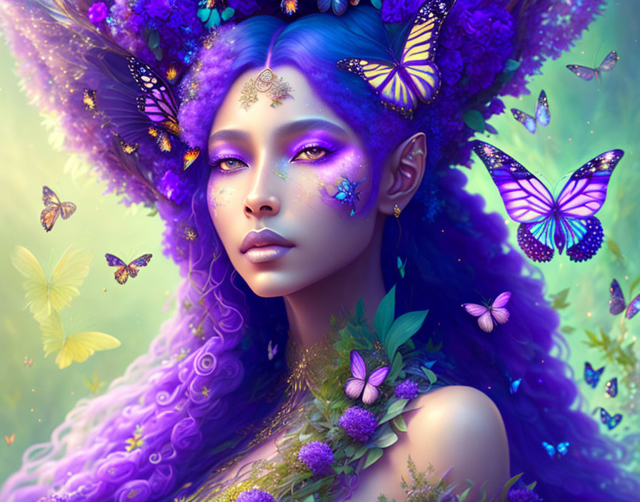 Colorful portrait of woman with flowers, foliage, butterflies, and gold embellishments in magical setting