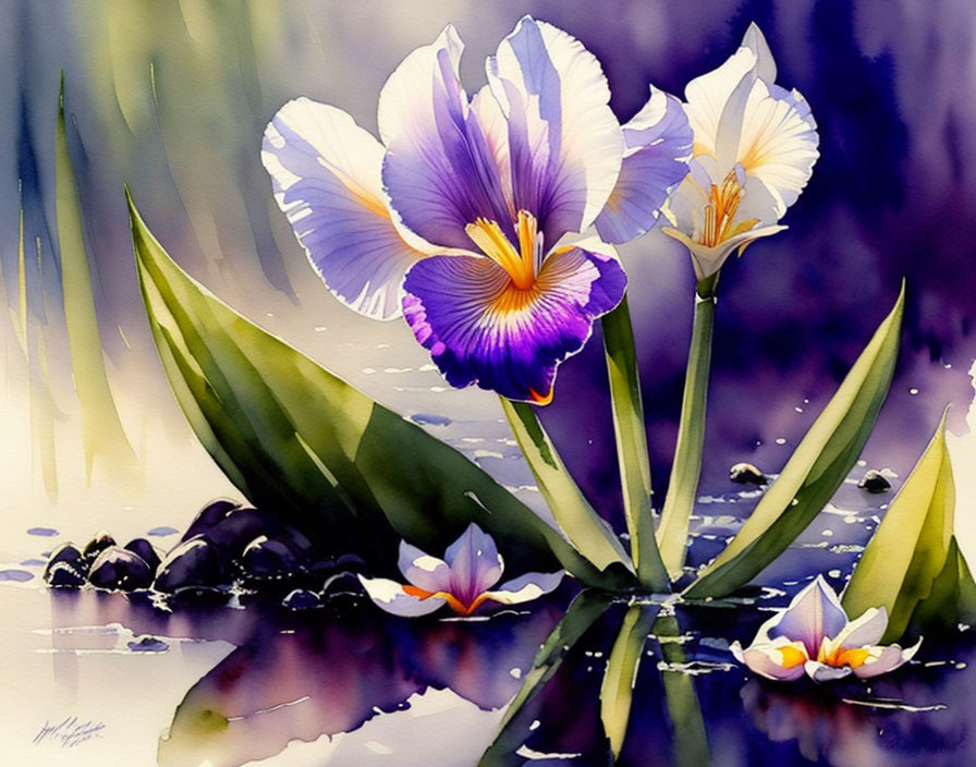 Colorful watercolor painting of irises on dreamy purple background