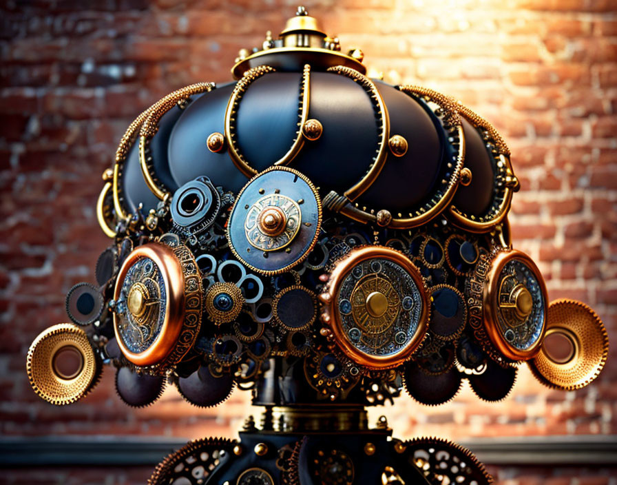 Steampunk-inspired ornate mechanical device with intricate gears on brick wall.