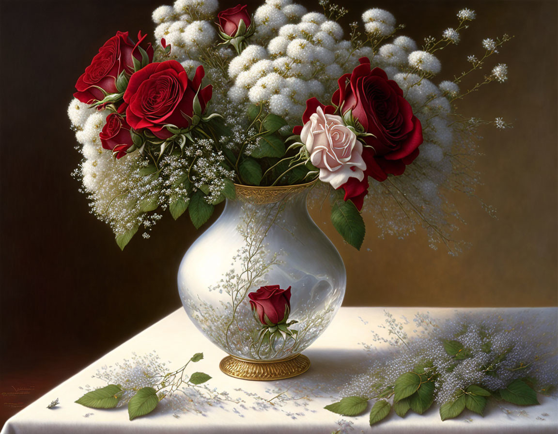 Classic still-life painting: glass vase, red and white roses, baby's breath on draped table