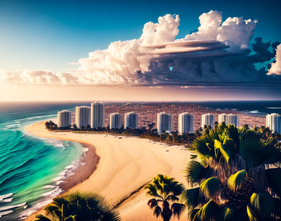 Sunset beachscape with high-rise buildings, palm trees, and vibrant blue waters