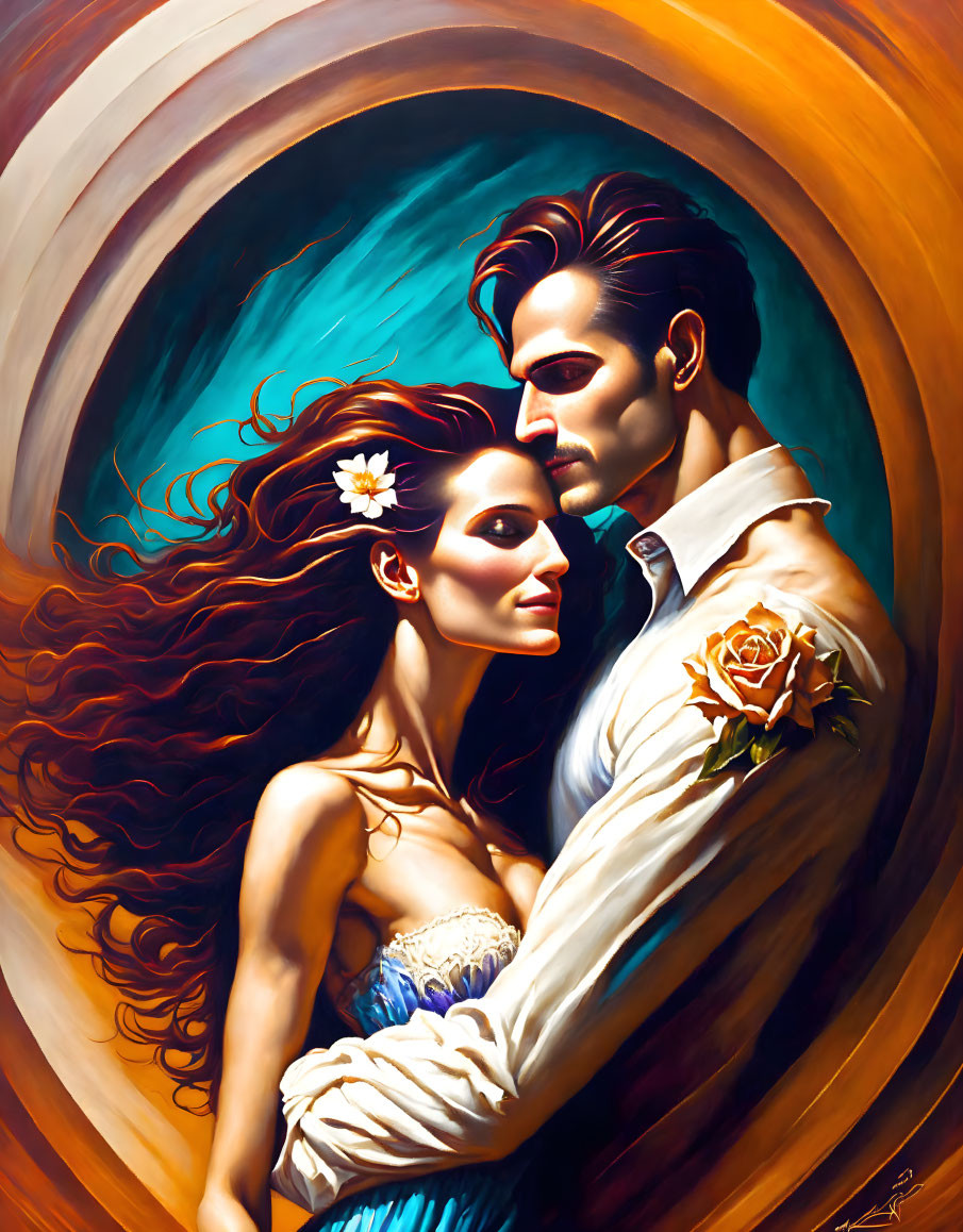 Romantic couple embracing in warm colored background