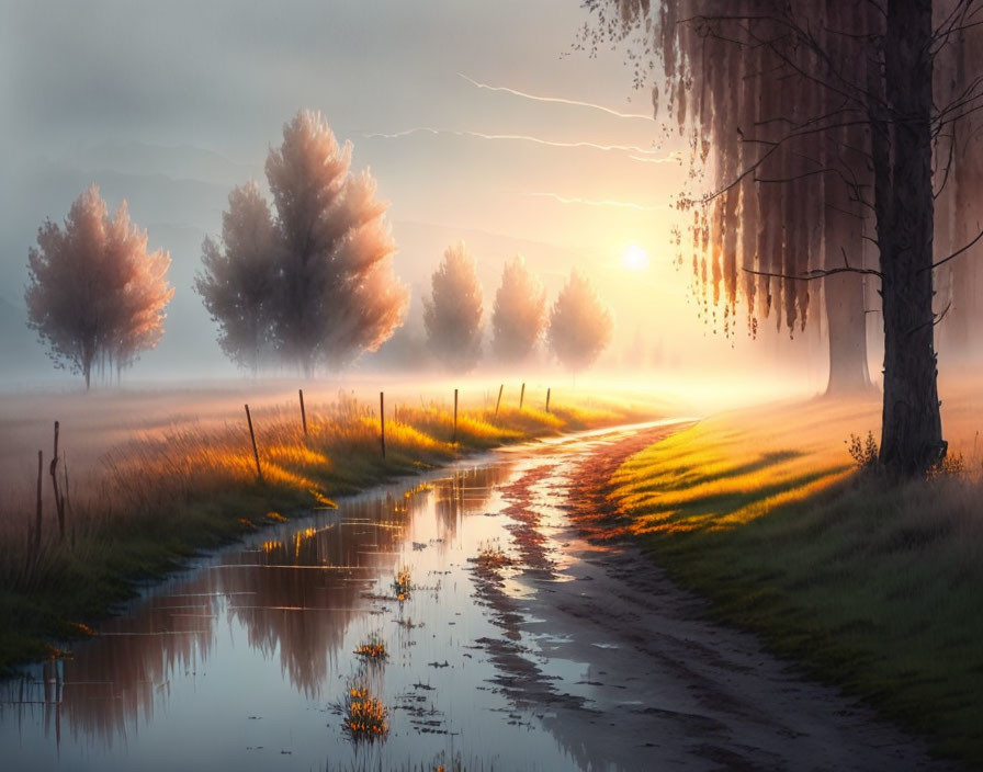 Tranquil country road with reflecting puddles and misty trees at dawn