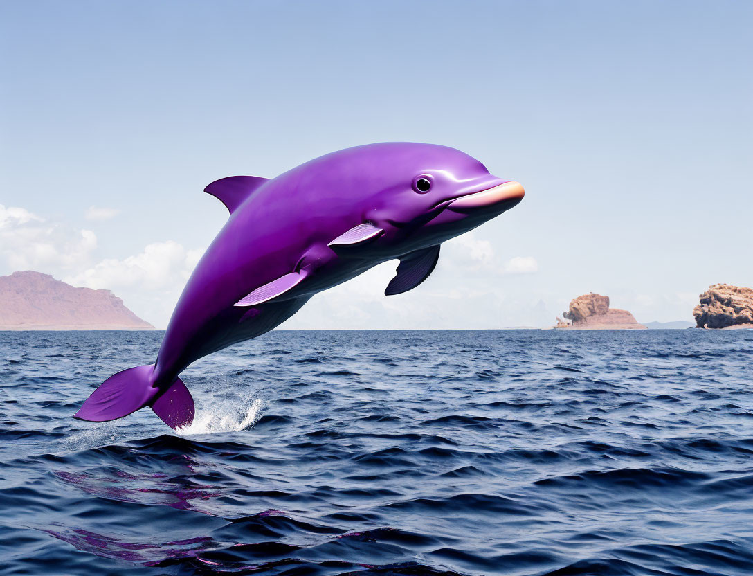 Purple dolphin leaping over ocean with distant rock formations