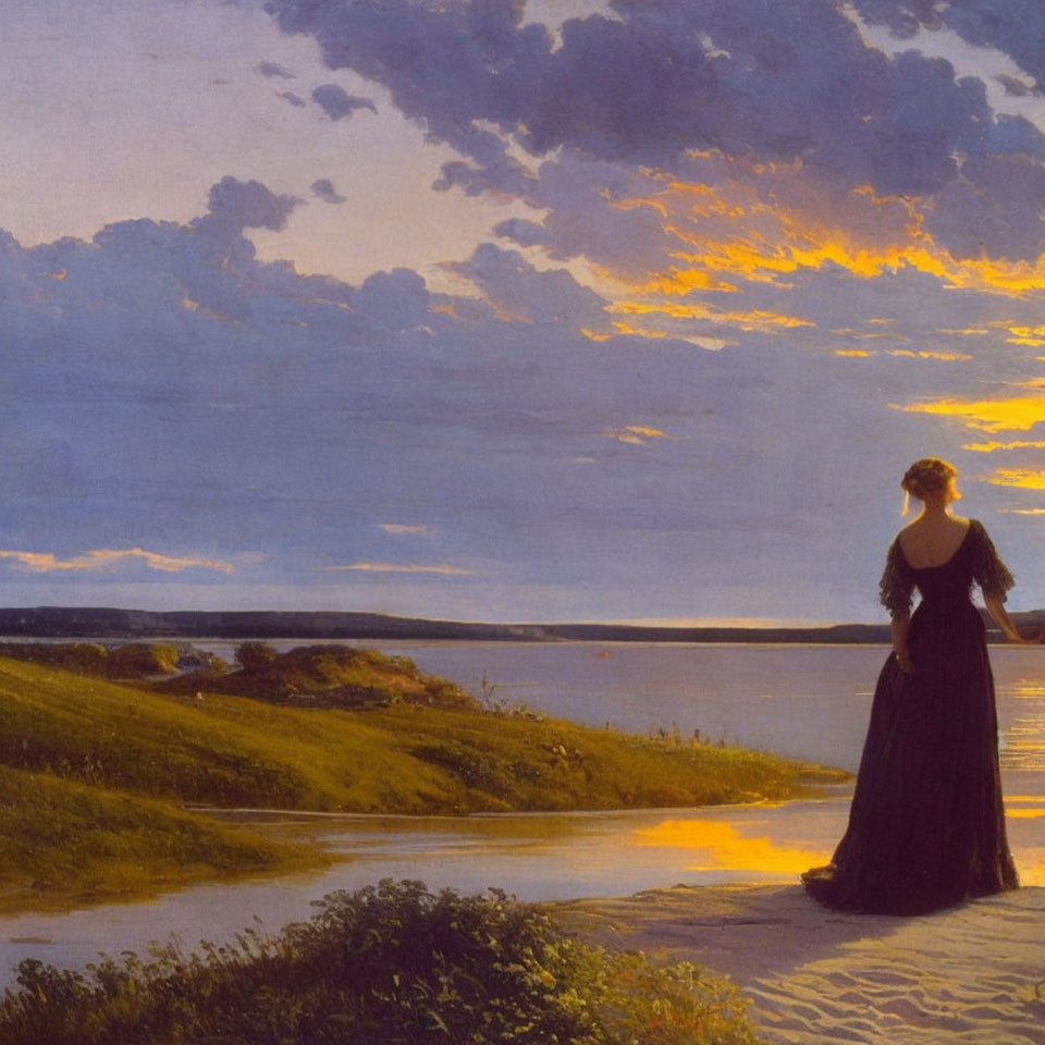 Woman in dark dress by tranquil lake at sunset