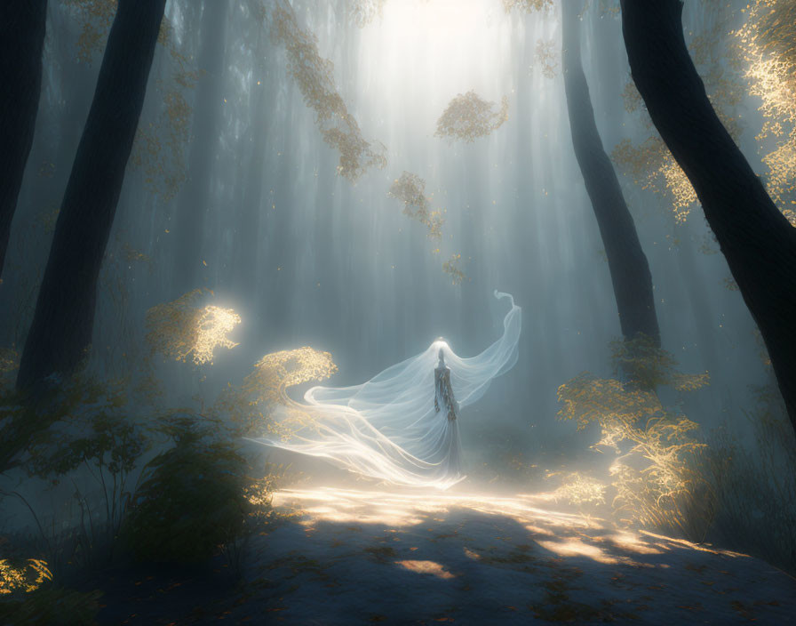 Mystical figure in white in sunlit forest with flowing fabric