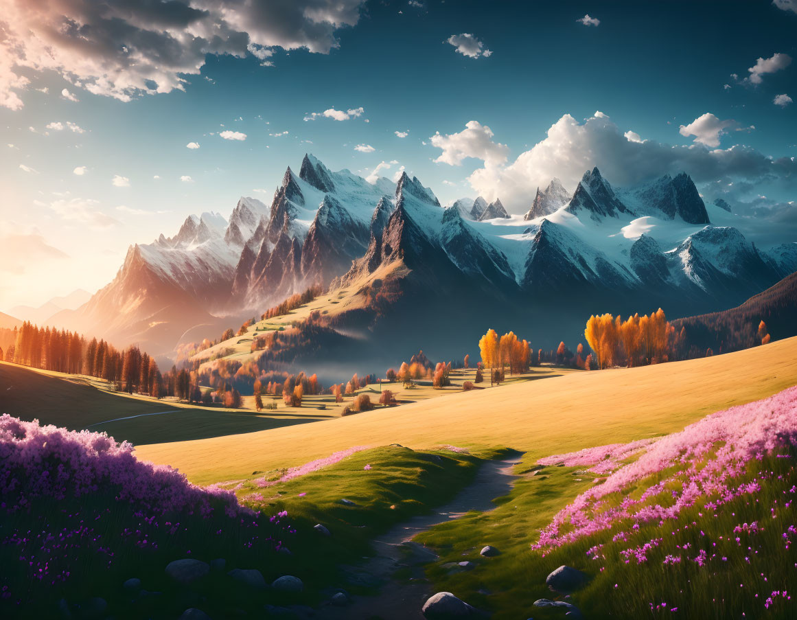 Majestic mountain range with sharp peaks, golden fields, purple flowers, and autumnal trees