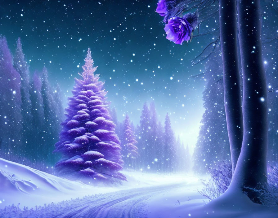 Snow-covered pine tree under starry winter sky with purple-tinted clouds