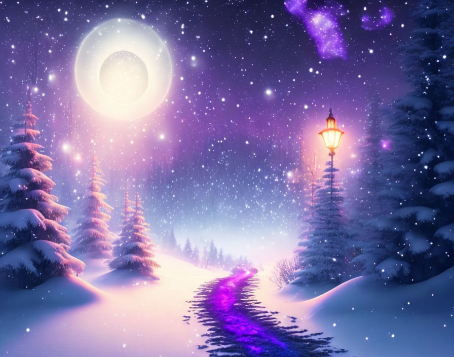 Snowy Winter Night: Full Moon, Pine Trees, Lamp Post, Starry Sky