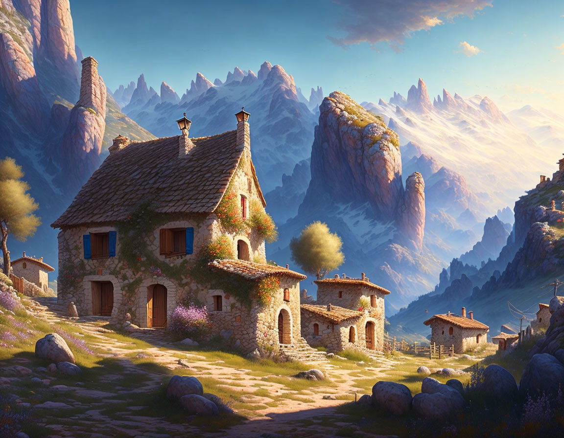 Scenic village with stone houses in lush valley and mountain backdrop