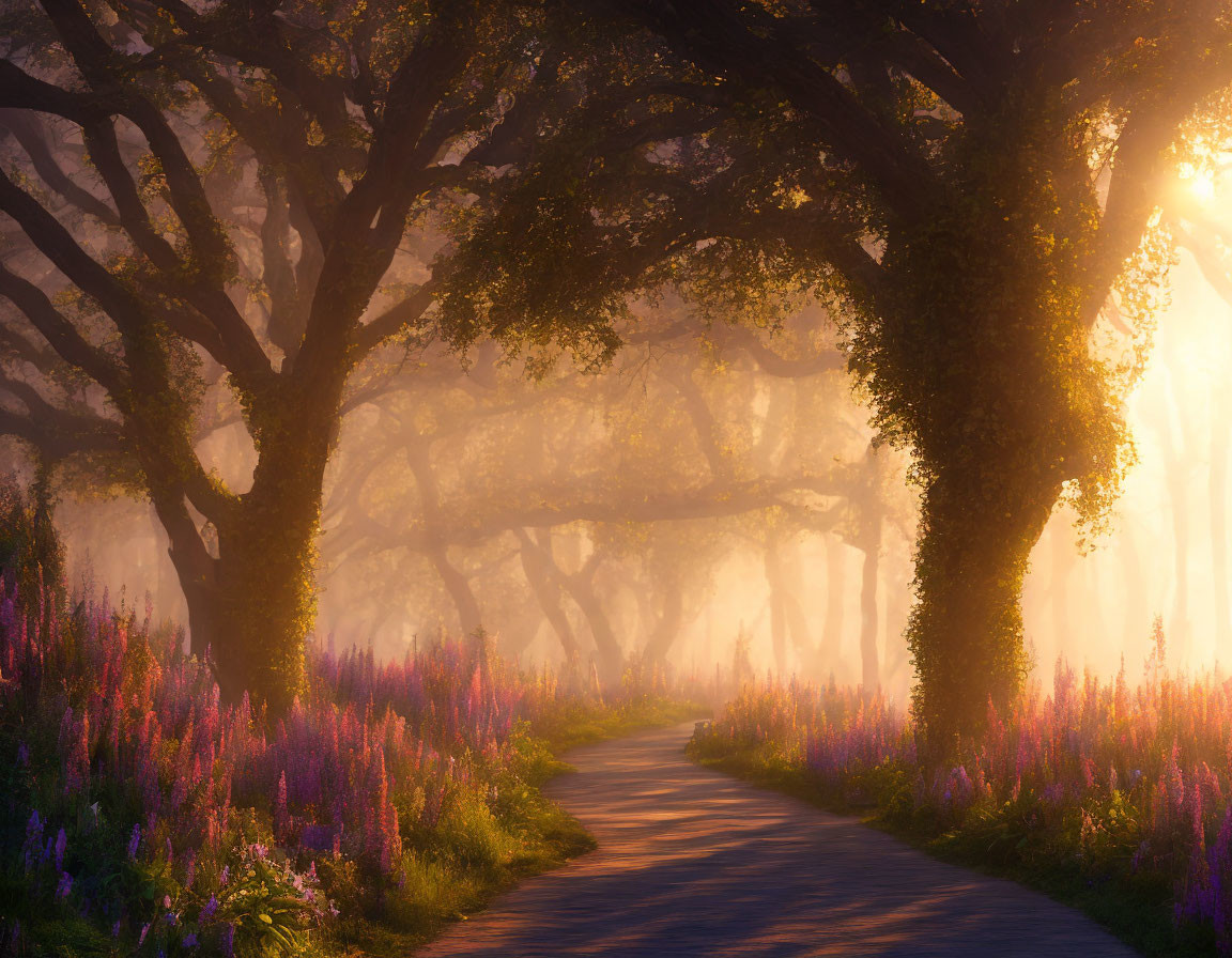 Tranquil Path with Purple Flowers and Majestic Trees at Sunrise