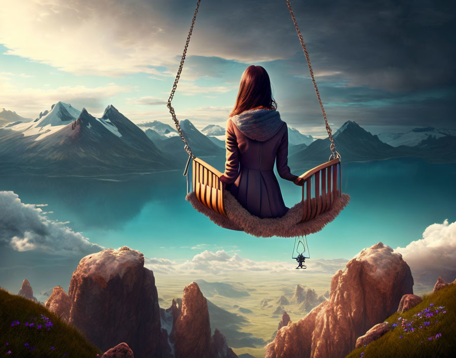 Person on Swing Overlooking Mountain Landscape with Clouds