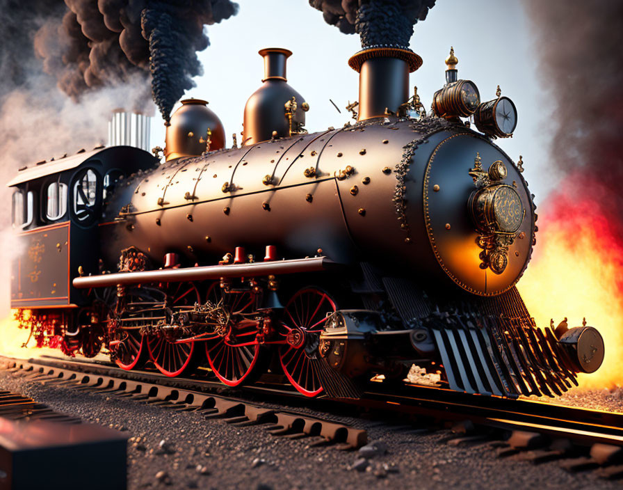 Detailed Vintage Steam Locomotive Emitting Dark Smoke on Railroad Tracks