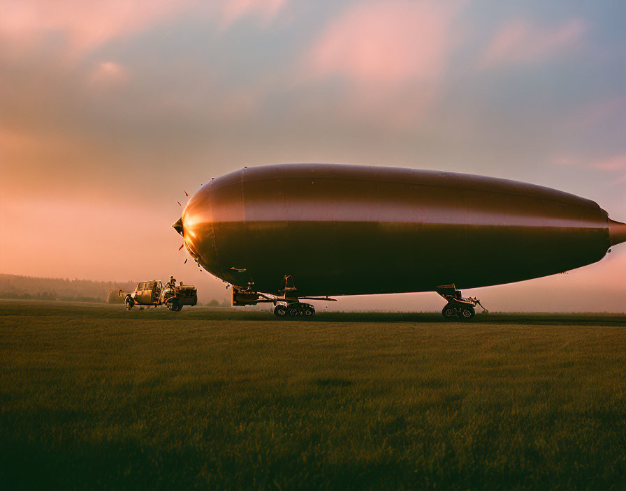 Airship and Support Vehicle on Grass Field at Dusk