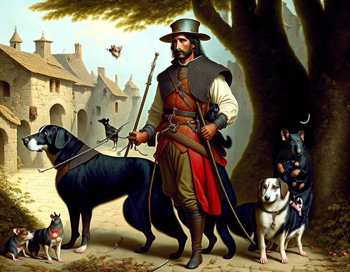 Medieval man with musket and dogs in castle setting